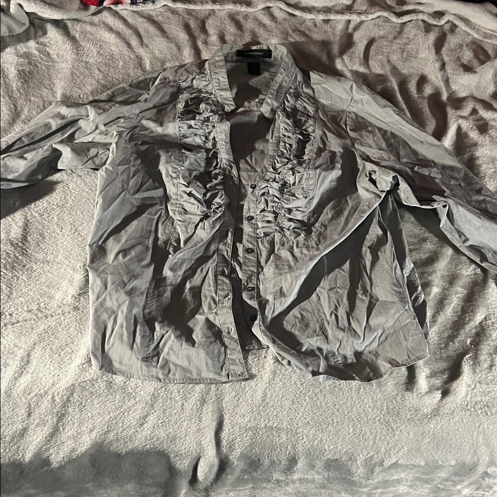 Ashley Stewart Gray Ruffled Shirt Jacket